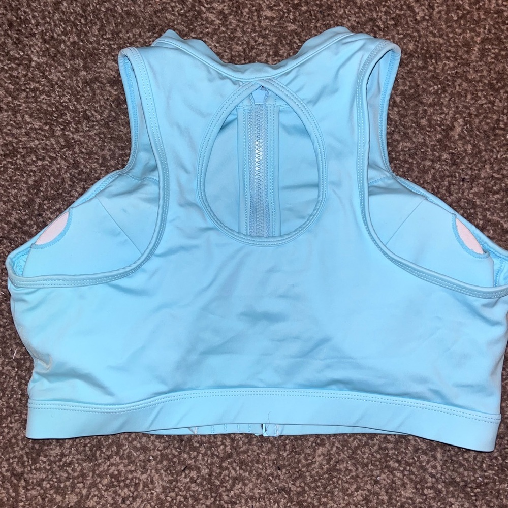 Baby Blue Front Zip Underboob Barbie Sports Bra Swimsuit Pole Dance Hella Heels - Picture 2 of 3